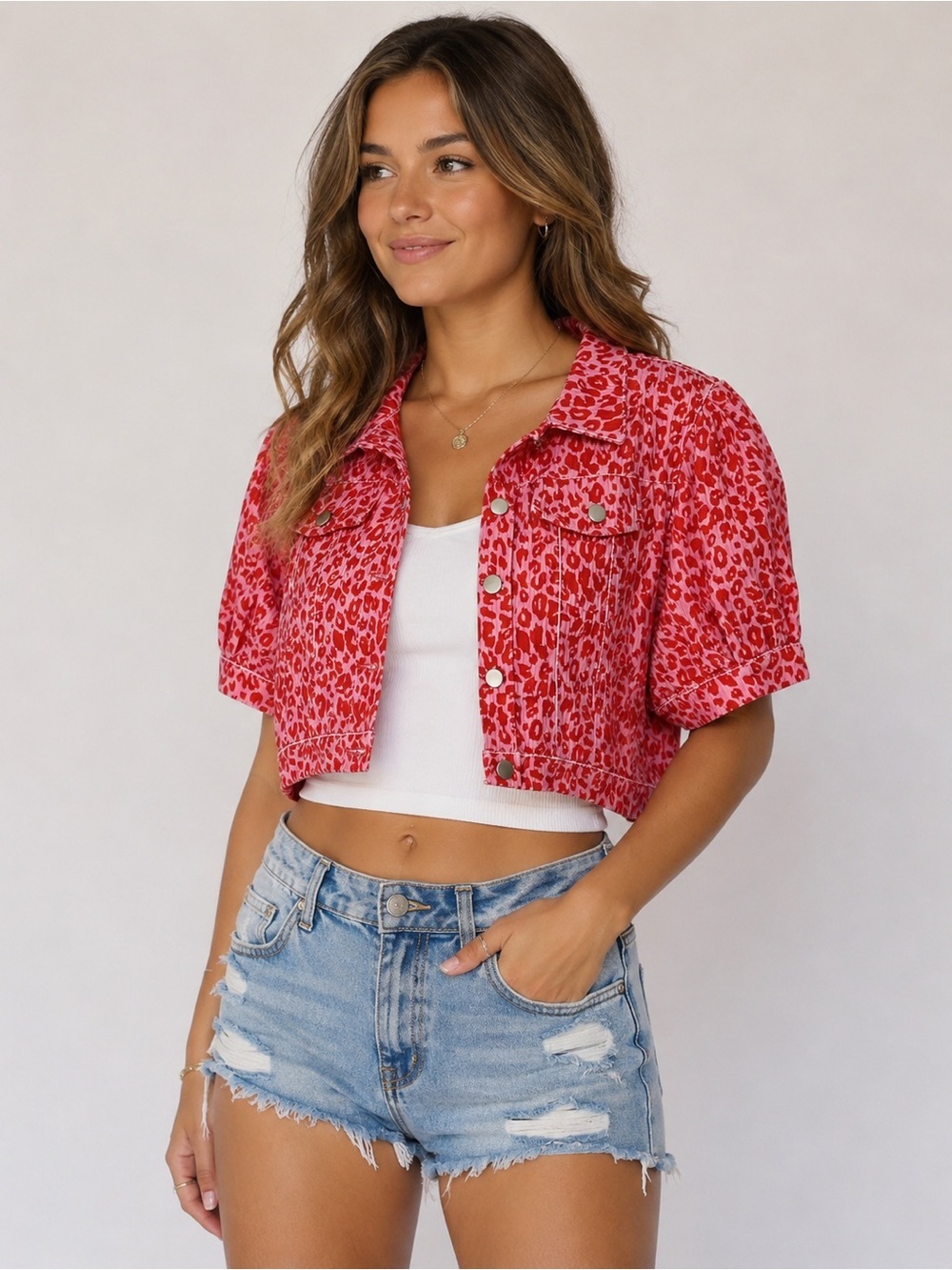 Cropped Pink-Red Leopard Print Button Front Top